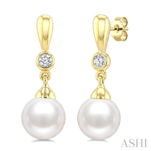6 MM White Cultured Pearl and 1/20 Ctw Round Cut Diamond Earrings in 10K Yellow Gold