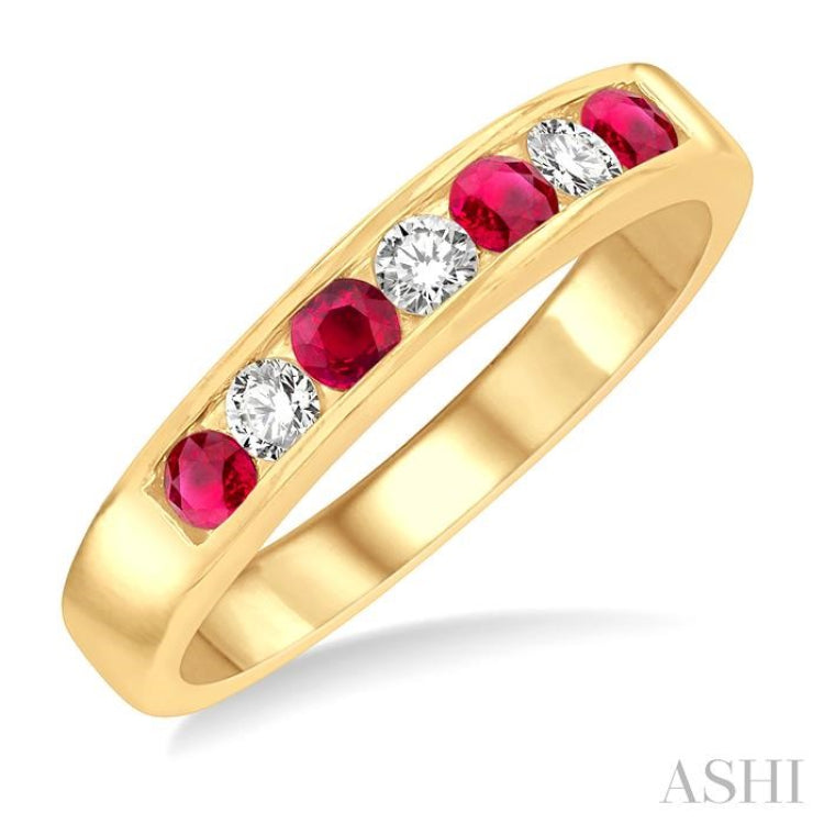 1/5 Ctw Channel Set Round Cut Diamond and 2.5 MM Round Cut Ruby Band in 14K Yellow Gold