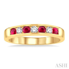 1/5 Ctw Channel Set Round Cut Diamond and 2.5 MM Round Cut Ruby Band in 14K Yellow Gold