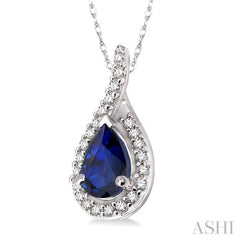 6x4 MM Pear Shape Sapphire and 1/10 Ctw Round Cut Diamond Pendant in 14K White Gold with Chain