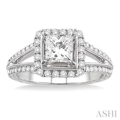 1 1/6 Ctw Diamond Engagement Ring with 3/4 Ct Princess Cut Center Stone in 14K White Gold