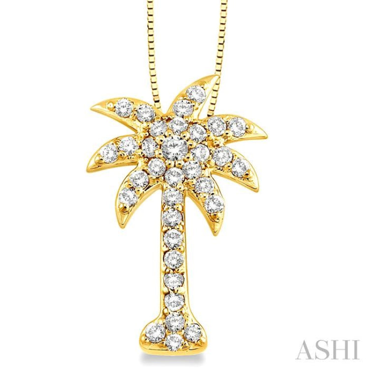 1/2 Ctw Round Cut Diamond Palm Tree Pendant in 14K Yellow Gold with Chain