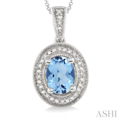 8x6 MM Oval Cut Blue Topaz and 1/20 Ctw Single Cut Diamond Pendant in Sterling Silver with Chain