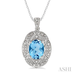 9X7 MM Oval Cut Blue Topaz and 1/50 Ctw Round Cut Diamond Pendant in Sterling Silver with Chain