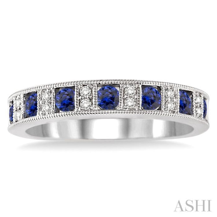 2.5 mm Round Cut Sapphire and 1/10 Ctw Round Cut Diamond Precious Band in 14K White Gold