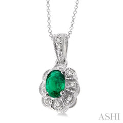 6x4  MM Oval Cut Emerald and 1/20 ctw Single Cut Diamond Pendant in Sterling Silver with Chain