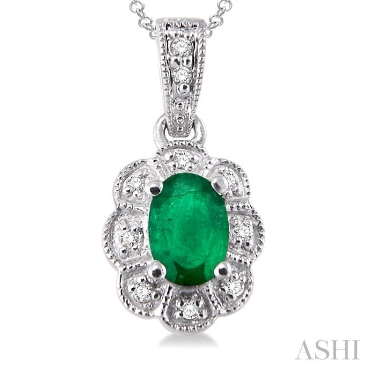 6x4  MM Oval Cut Emerald and 1/20 ctw Single Cut Diamond Pendant in Sterling Silver with Chain