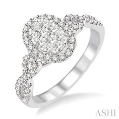 5/8 Ctw Oval Shape Round Cut Diamond Lovebright Ring in 14K White Gold