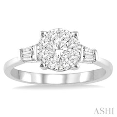 3/4 Ctw Round and Baguette Diamond Lovebright Engagement Ring in 14K White Gold