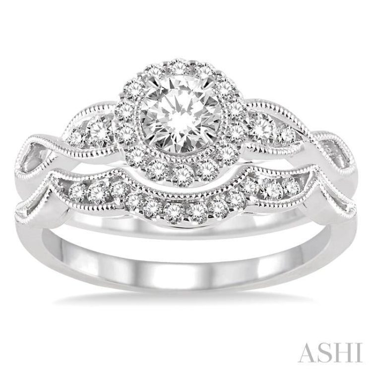 1/2 Ctw Diamond Wedding Set with 1/2 Ctw Round Cut Engagement Ring and 1/10 Ctw Wedding Band in 14K White Gold