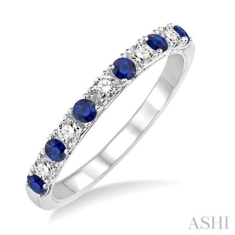 2.20 MM Round Cut Sapphire and 1/5 Ctw Round Cut Diamond Precious Band in 14K White Gold