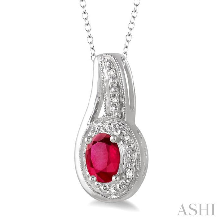 6x4 MM Oval Cut Ruby and 1/50 Ctw Round Cut Diamond Pendant in Sterling Silver with Chain