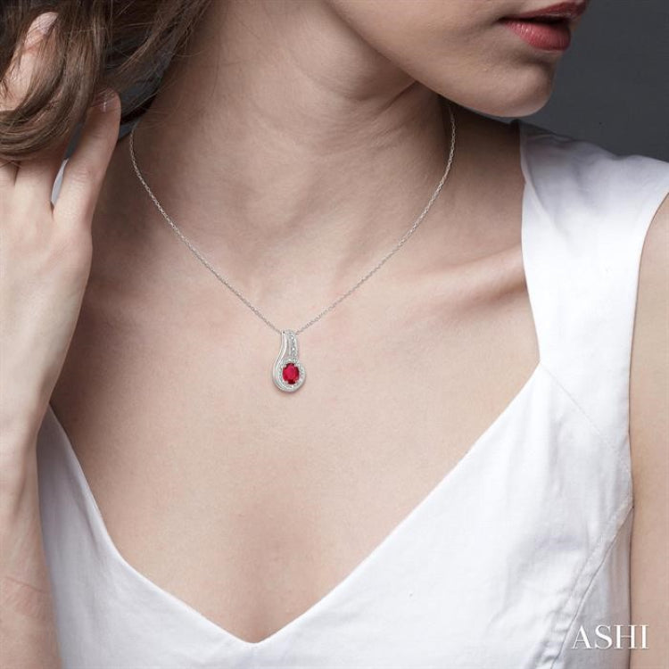 6x4 MM Oval Cut Ruby and 1/50 Ctw Round Cut Diamond Pendant in Sterling Silver with Chain