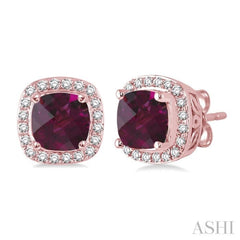 6x6  MM Cushion Shape Rhodolite Garnet and 1/4 Ctw Round Cut Diamond Earrings in 14K Rose Gold