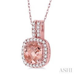 7x7 MM Cushion Shape Morganite and 1/5 Ctw Round Cut Diamond Pendant in 14K Rose Gold with Chain