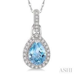7x5 MM Pear Shape Aquamarine and 1/10 Ctw Round Cut Diamond Pendant in 14K White Gold with Chain