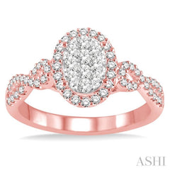 5/8 Ctw Oval Shape Round Cut Diamond Lovebright Ring in 14K Rose and White Gold