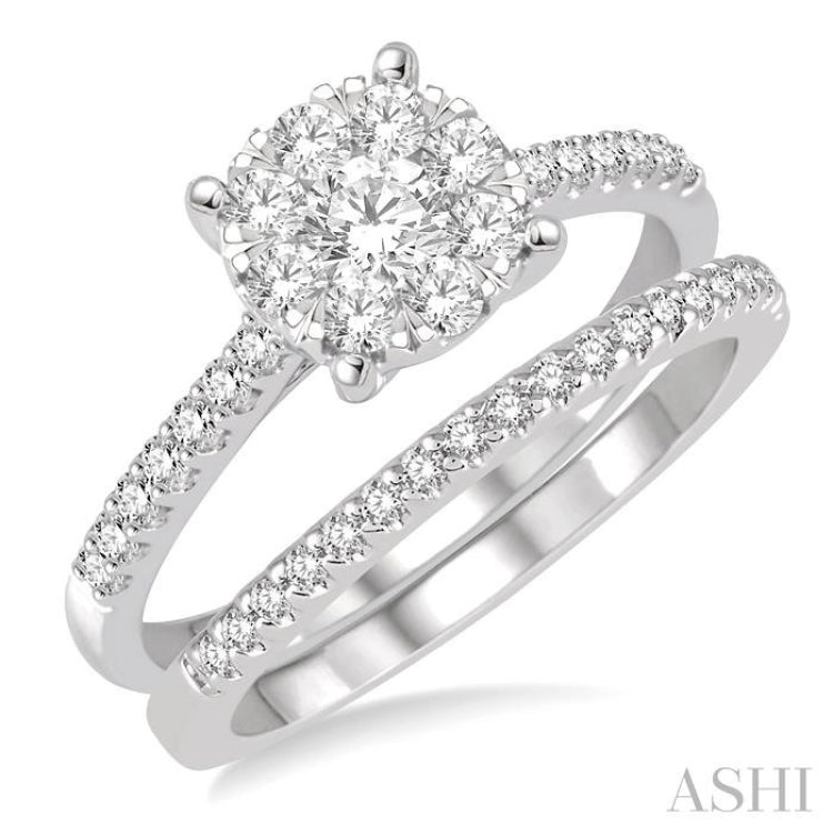 1 Ctw Round Cut Diamond Lovebright Bridal Set with 3/4 Ctw Engagement Ring and 1/4 Ctw Wedding Band in 14K White Gold