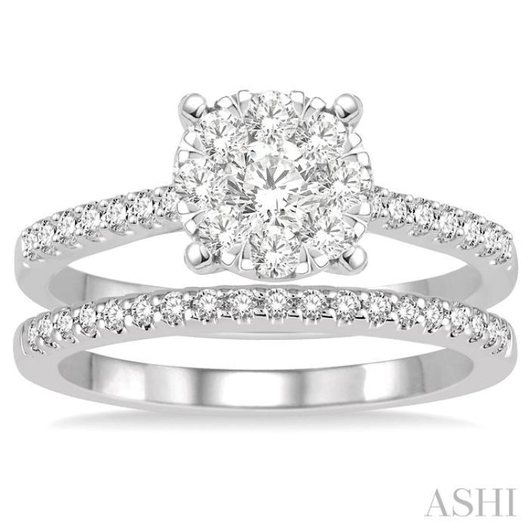 1 Ctw Round Cut Diamond Lovebright Bridal Set with 3/4 Ctw Engagement Ring and 1/4 Ctw Wedding Band in 14K White Gold