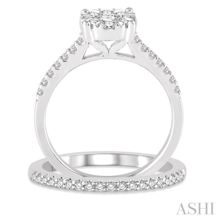 1 Ctw Round Cut Diamond Lovebright Bridal Set with 3/4 Ctw Engagement Ring and 1/4 Ctw Wedding Band in 14K White Gold