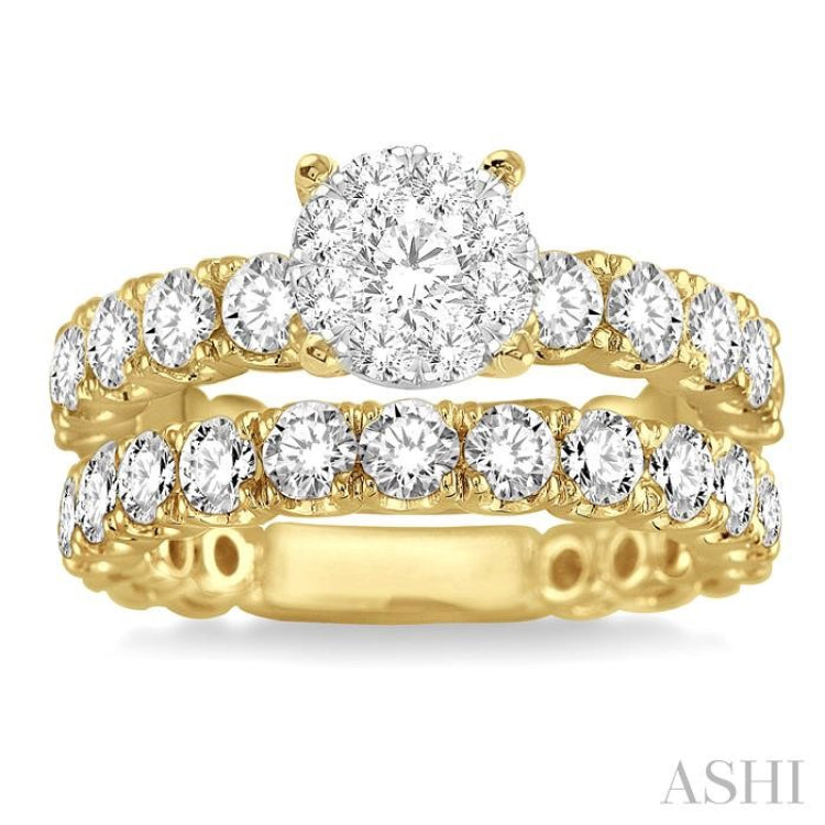 1 3/4 Ctw Diamond Lovebright Wedding Set with 1 Ctw Engagement Ring in Yellow and White Gold and 3/4 Ctw Wedding Band in Yellow Gold in 14K