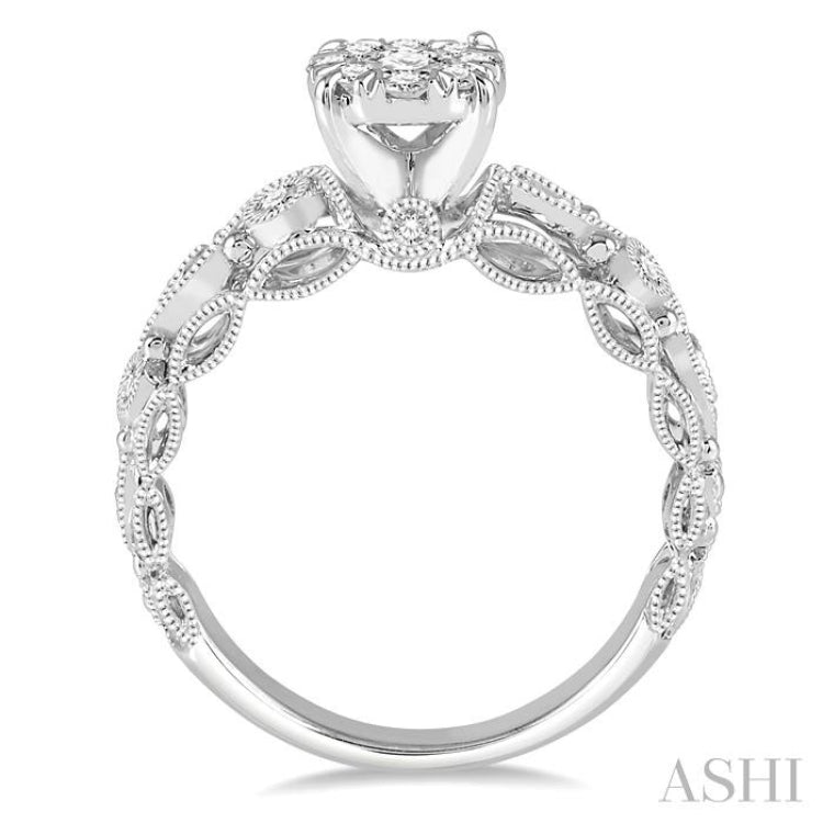 1/2 Ctw Round Diamond Lovebright Solitaire Vintage Lattice Style Engagement Ring in 14K White Gold