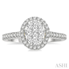 1/2 Ctw Round Diamond Lovebright Oval Shape Halo Engagement Ring in 14K White and Yellow Gold