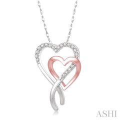 1/6 Ctw Interlocked Two Tone Double Heart Round Cut Diamond Pendant With Link Chain in 10K White and Rose Gold