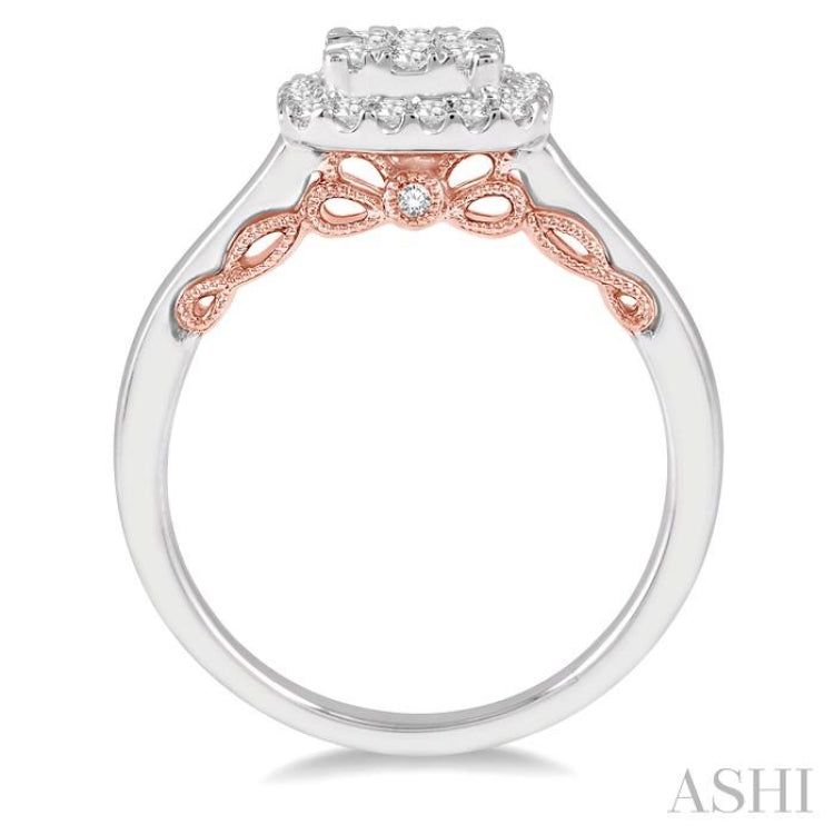 1/2 Ctw Cushion Shape Lovebright Round Cut Diamond Ring in 14K White and Rose Gold