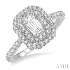 1 Ctw Diamond Ladies Engagement Ring with 1/2 Ct Emerald Cut Center Stone in 14K White Gold