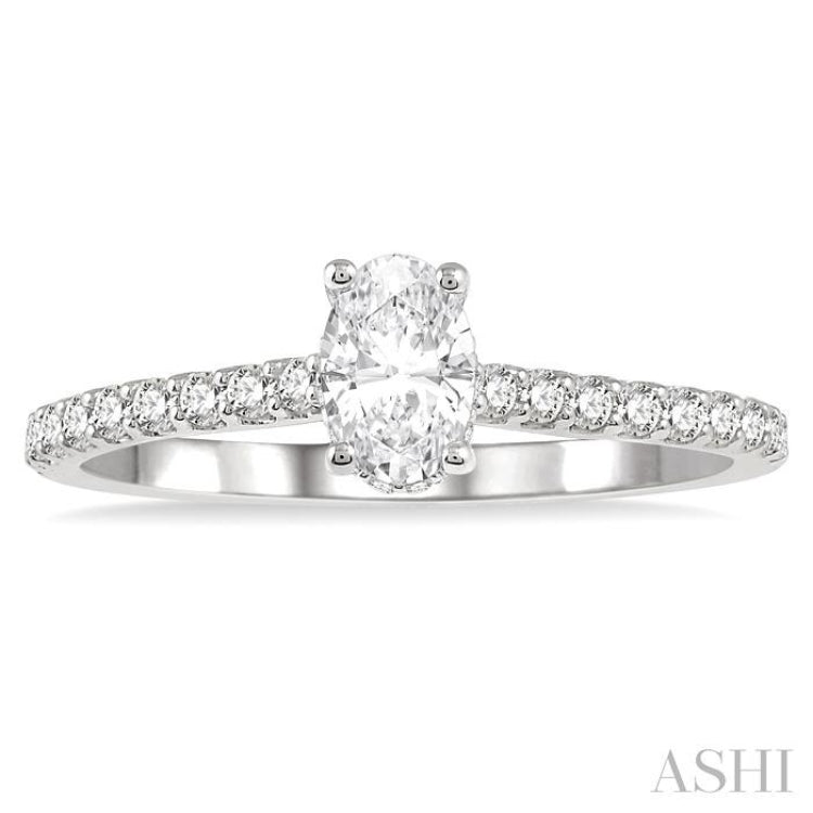 5/8 Ctw Oval Shape Center Stone Ladies Engagement Ring with 3/8 Ct Oval Cut Center Stone in 14K White Gold