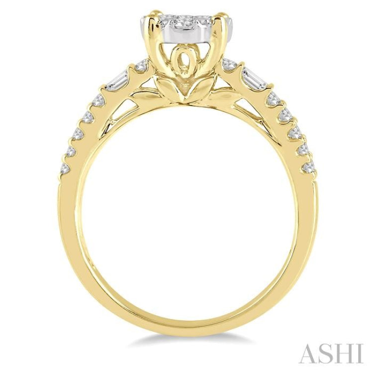 7/8 Ctw Round and Baguette Diamond Lovebright Engagement Ring in 14K Yellow and White gold