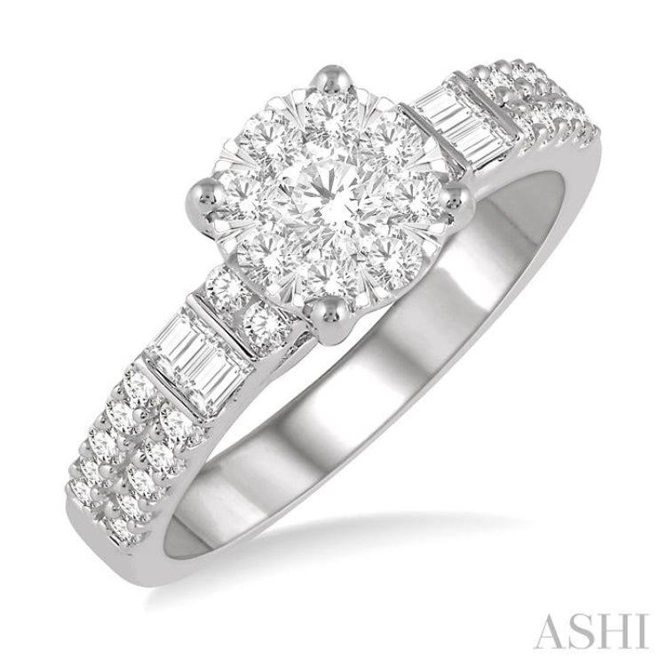 7/8 Ctw Round and Baguette Diamond Lovebright Engagement Ring in 14K White gold