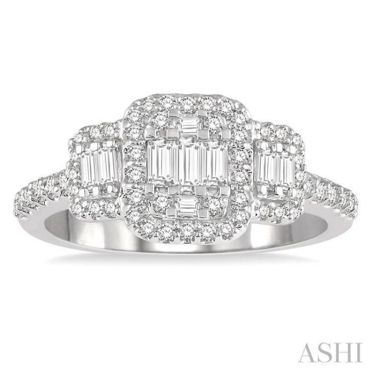 3/4 Ctw Triple Mount Baguette & Round Cut Fusion Diamond Ring in 14K White Gold