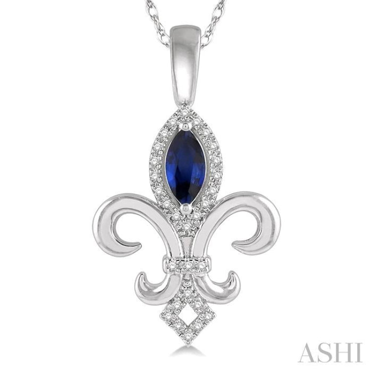 1/10 Ctw 6x3 MM Marquise Shape Sapphire & Round Cut Diamond Fleur De Lis Precious Pendant With Chain in 10K White Gold