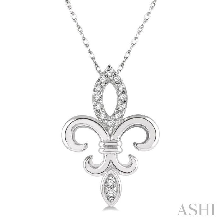 1/10 Ctw Fleur De Lis Round Cut Diamond Pendant With Chain in 10K White Gold