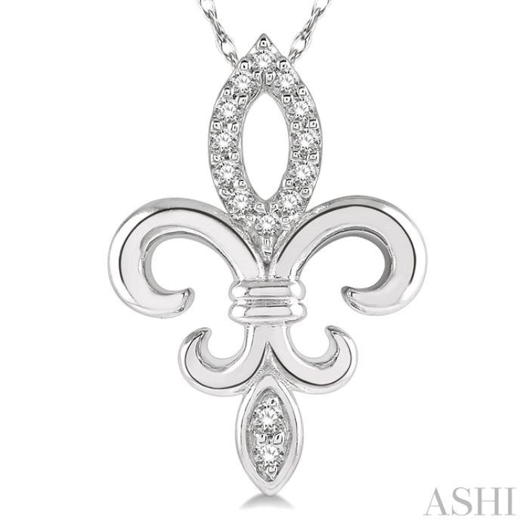 1/10 Ctw Fleur De Lis Round Cut Diamond Pendant With Chain in 10K White Gold