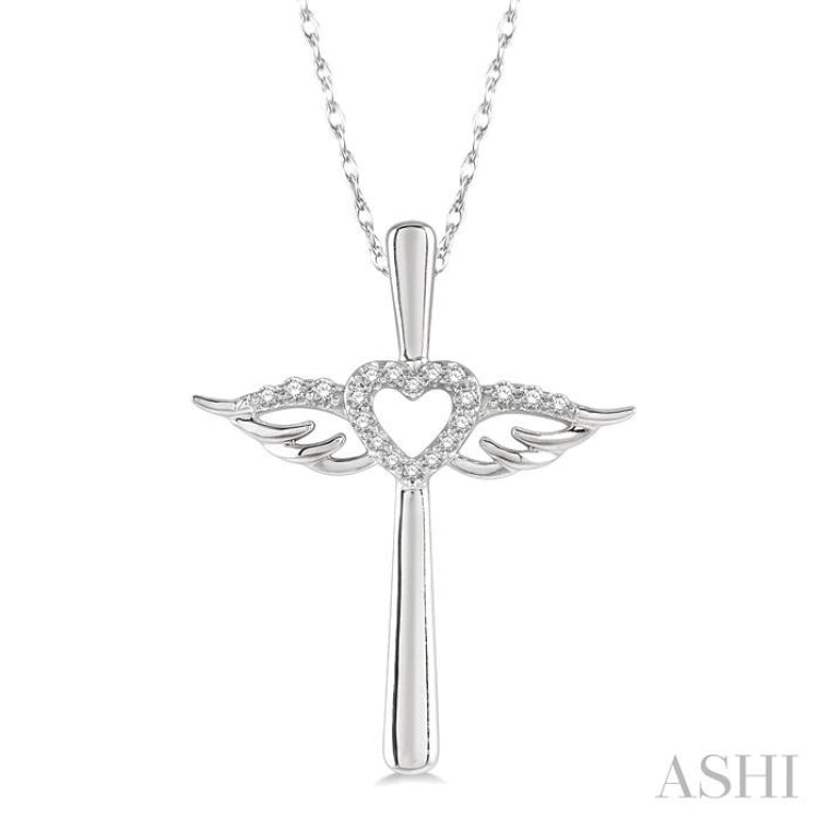 1/10 Ctw Angel Wing & Heart Round Cut Diamond Cross Pendant With Chain in 10K White Gold