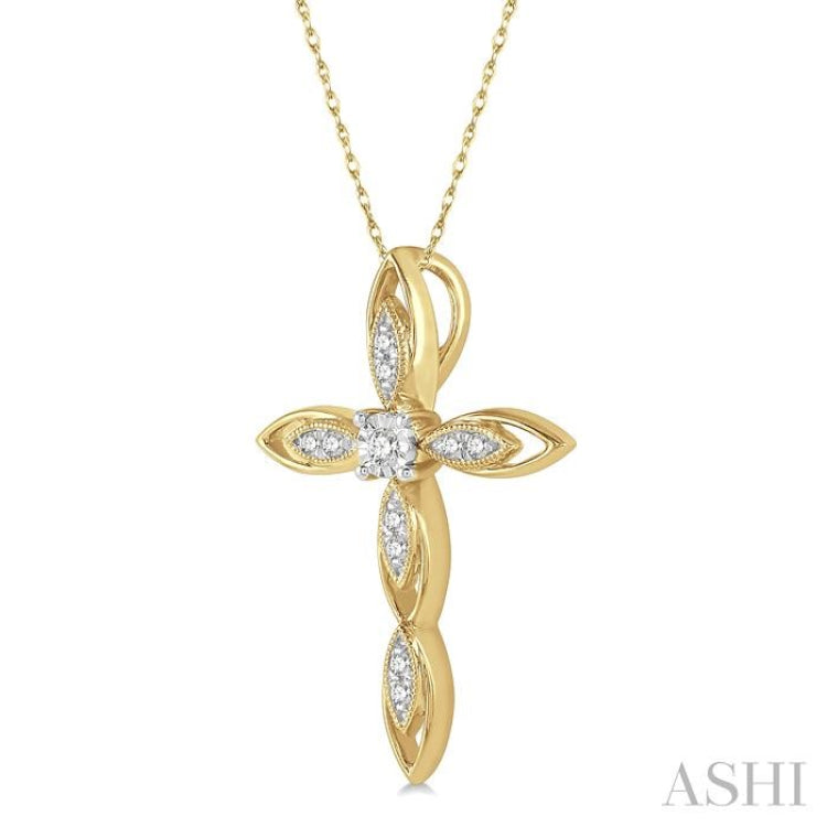 1/10 Ctw Extended Frame Marquise Cross Round Cut Diamond Pendant With Chain in 10K Yellow Gold