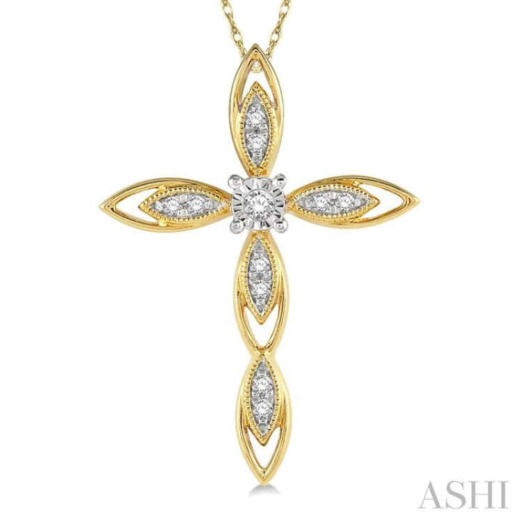 1/10 Ctw Extended Frame Marquise Cross Round Cut Diamond Pendant With Chain in 10K Yellow Gold