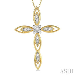 1/10 Ctw Extended Frame Marquise Cross Round Cut Diamond Pendant With Chain in 10K Yellow Gold