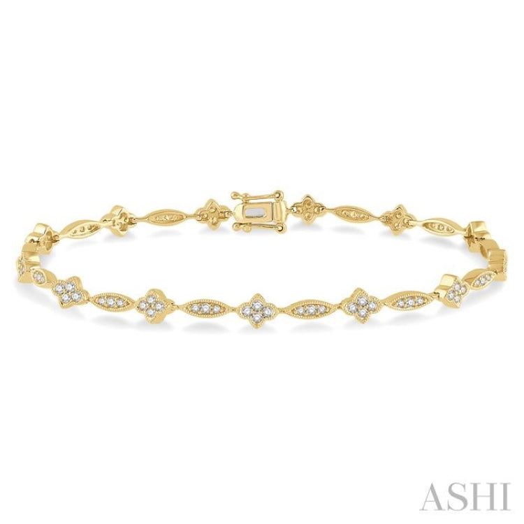 1 1/10 ctw Marquise and Floral Link Diamond Bracelet in 14K Yellow Gold