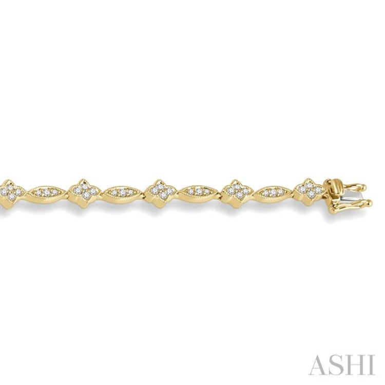 1 1/10 ctw Marquise and Floral Link Diamond Bracelet in 14K Yellow Gold