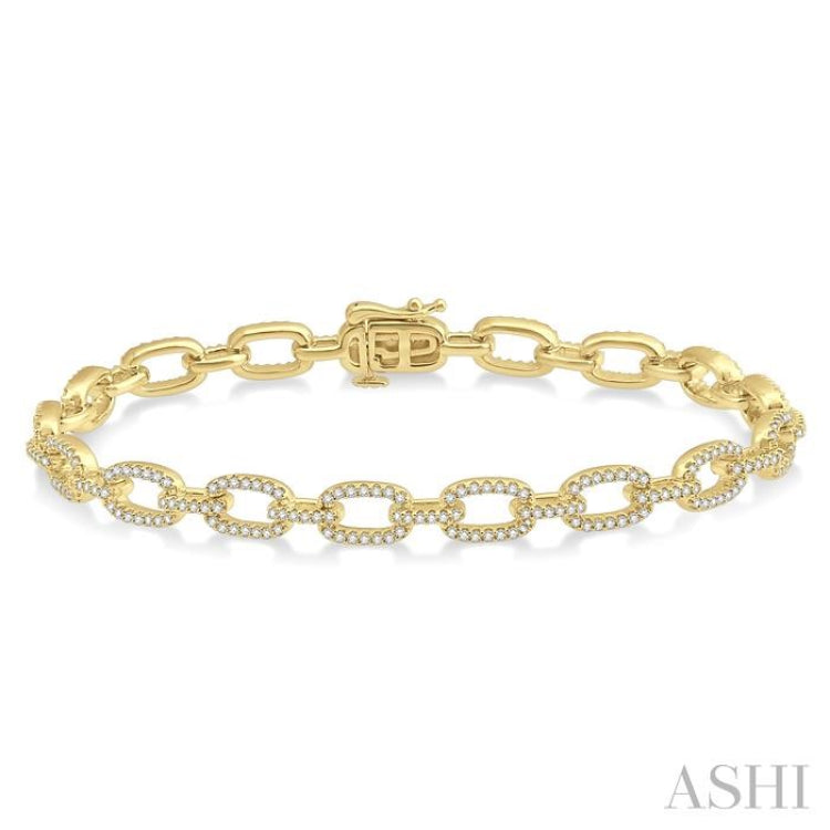 1 1/2 Ctw Round Cut Diamond Encrusted Link Paper Clip Chain Bracelet in 14K Yellow Gold