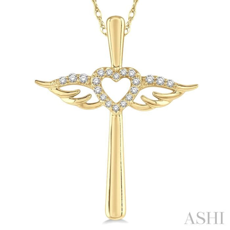 1/10 Ctw Angel Wing & Heart Round Cut Diamond Cross Pendant With Chain in 10K Yellow Gold