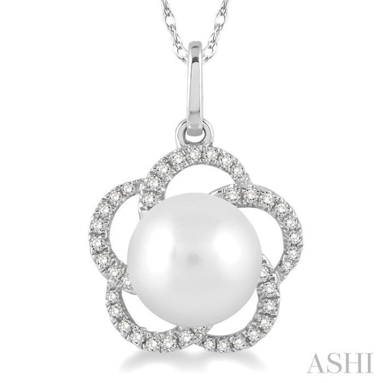 7MM Cultured Pearl and 1/8 Ctw Single Cut Diamond Pendant in 14K White Gold with Chain