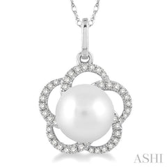 7MM Cultured Pearl and 1/8 Ctw Single Cut Diamond Pendant in 14K White Gold with Chain