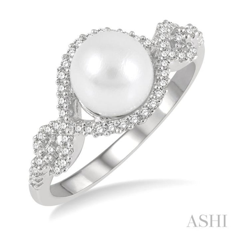 7 MM Round Shape Cultured Pearl and 1/5 Ctw Round Cut Diamond Twisted Open Lattice Ring in 10K White Gold