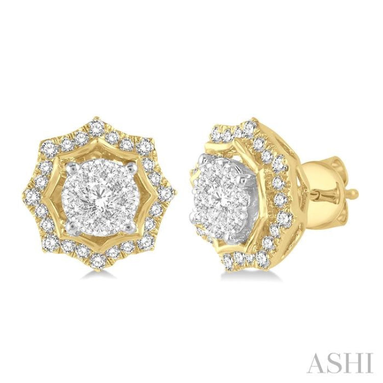 1/2 Ctw Star Lattice Lovebright Round Cut Diamond Earring in 14K Yellow and White Gold