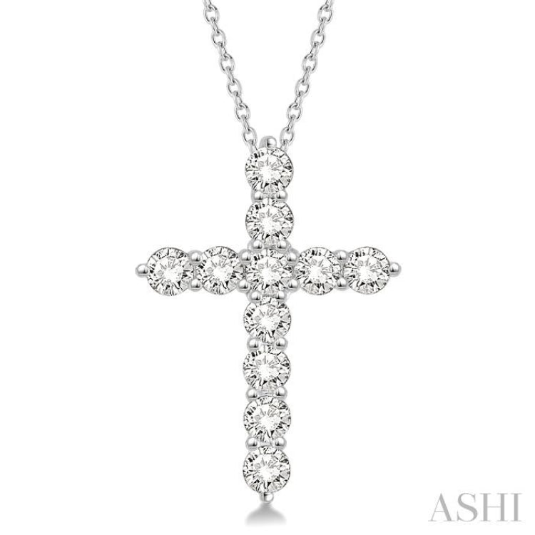 1 1/2 Ctw Round Cut Diamond Cross Pendant in 14K White Gold with Chain